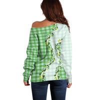 Green Hawaii Palaka Off Shoulder Sweater Maile Pikake Honohono Orchid Lei LT05 - Polynesian Pride