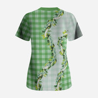 Green Hawaii Palaka Scrub Top Maile Pikake Honohono Orchid Lei