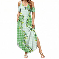 Green Hawaii Palaka Summer Maxi Dress Maile Pikake Honohono Orchid Lei LT05 Women Green - Polynesian Pride