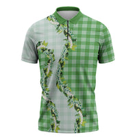 Green Hawaii Palaka Zipper Polo Shirt Maile Pikake Honohono Orchid Lei