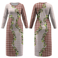 Mocha Hawaii Palaka Couples Matching Long Sleeve Bodycon Dress and Hawaiian Shirt Maile Pikake Honohono Orchid Lei LT05