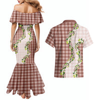 Mocha Hawaii Palaka Couples Matching Mermaid Dress and Hawaiian Shirt Maile Pikake Honohono Orchid Lei