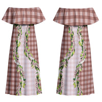 Mocha Hawaii Palaka Couples Matching Off Shoulder Maxi Dress and Hawaiian Shirt Maile Pikake Honohono Orchid Lei LT05
