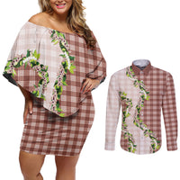 Mocha Hawaii Palaka Couples Matching Off Shoulder Short Dress and Long Sleeve Button Shirt Maile Pikake Honohono Orchid Lei