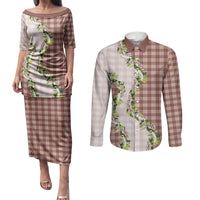 Mocha Hawaii Palaka Couples Matching Puletasi and Long Sleeve Button Shirt Maile Pikake Honohono Orchid Lei LT05 Mocha - Polynesian Pride
