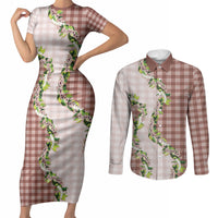 Mocha Hawaii Palaka Couples Matching Short Sleeve Bodycon Dress and Long Sleeve Button Shirt Maile Pikake Honohono Orchid Lei LT05 Mocha - Polynesian Pride