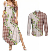 Mocha Hawaii Palaka Couples Matching Summer Maxi Dress and Long Sleeve Button Shirt Maile Pikake Honohono Orchid Lei LT05 Mocha - Polynesian Pride