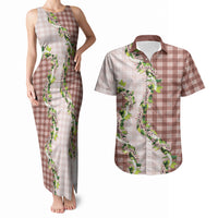 Mocha Hawaii Palaka Couples Matching Tank Maxi Dress and Hawaiian Shirt Maile Pikake Honohono Orchid Lei LT05 Mocha - Polynesian Pride