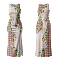 Mocha Hawaii Palaka Couples Matching Tank Maxi Dress and Hawaiian Shirt Maile Pikake Honohono Orchid Lei LT05