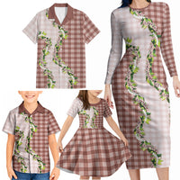 Mocha Hawaii Palaka Family Matching Long Sleeve Bodycon Dress and Hawaiian Shirt Maile Pikake Honohono Orchid Lei LT05 - Polynesian Pride