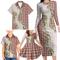 Mocha Hawaii Palaka Family Matching Long Sleeve Bodycon Dress and Hawaiian Shirt Maile Pikake Honohono Orchid Lei LT05 - Polynesian Pride