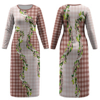Mocha Hawaii Palaka Family Matching Long Sleeve Bodycon Dress and Hawaiian Shirt Maile Pikake Honohono Orchid Lei LT05 Mom's Dress Mocha - Polynesian Pride