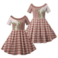 Mocha Hawaii Palaka Family Matching Long Sleeve Bodycon Dress and Hawaiian Shirt Maile Pikake Honohono Orchid Lei LT05 Daughter's Dress Mocha - Polynesian Pride