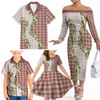 Mocha Hawaii Palaka Family Matching Off The Shoulder Long Sleeve Dress and Hawaiian Shirt Maile Pikake Honohono Orchid Lei LT05 - Polynesian Pride