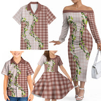 Mocha Hawaii Palaka Family Matching Off The Shoulder Long Sleeve Dress and Hawaiian Shirt Maile Pikake Honohono Orchid Lei LT05 - Polynesian Pride