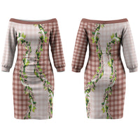 Mocha Hawaii Palaka Family Matching Off The Shoulder Long Sleeve Dress and Hawaiian Shirt Maile Pikake Honohono Orchid Lei LT05 Mom's Dress Mocha - Polynesian Pride