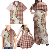 Mocha Hawaii Palaka Family Matching Off Shoulder Maxi Dress and Hawaiian Shirt Maile Pikake Honohono Orchid Lei LT05 - Polynesian Pride