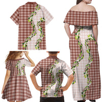 Mocha Hawaii Palaka Family Matching Off Shoulder Maxi Dress and Hawaiian Shirt Maile Pikake Honohono Orchid Lei LT05 Mom's Dress Mocha - Polynesian Pride