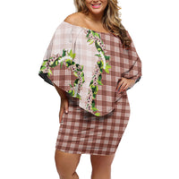 Mocha Hawaii Palaka Family Matching Off Shoulder Short Dress and Hawaiian Shirt Maile Pikake Honohono Orchid Lei