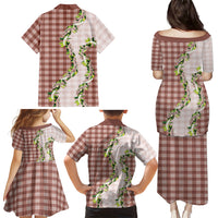 Mocha Hawaii Palaka Family Matching Puletasi and Hawaiian Shirt Maile Pikake Honohono Orchid Lei