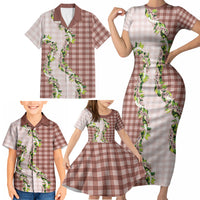 Mocha Hawaii Palaka Family Matching Short Sleeve Bodycon Dress and Hawaiian Shirt Maile Pikake Honohono Orchid Lei LT05 - Polynesian Pride