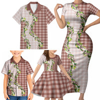 Mocha Hawaii Palaka Family Matching Short Sleeve Bodycon Dress and Hawaiian Shirt Maile Pikake Honohono Orchid Lei LT05 - Polynesian Pride