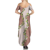 Mocha Hawaii Palaka Family Matching Summer Maxi Dress and Hawaiian Shirt Maile Pikake Honohono Orchid Lei