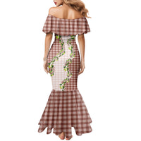 Mocha Hawaii Palaka Mermaid Dress Maile Pikake Honohono Orchid Lei