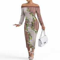 Mocha Hawaii Palaka Off The Shoulder Long Sleeve Dress Maile Pikake Honohono Orchid Lei LT05 Women Mocha - Polynesian Pride