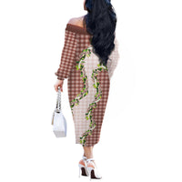 Mocha Hawaii Palaka Off The Shoulder Long Sleeve Dress Maile Pikake Honohono Orchid Lei LT05 - Polynesian Pride