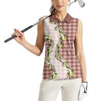 Mocha Hawaii Palaka Women Sleeveless Polo Shirt Maile Pikake Honohono Orchid Lei