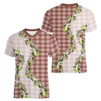 Mocha Hawaii Palaka Women V-Neck T-Shirt Maile Pikake Honohono Orchid Lei