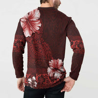 Hawaii Hibiscus With Oxblood Polynesian Pattern Button Sweatshirt LT05 - Polynesian Pride