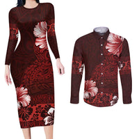 Hawaii Hibiscus With Oxblood Polynesian Pattern Couples Matching Long Sleeve Bodycon Dress and Long Sleeve Button Shirt LT05 Red - Polynesian Pride