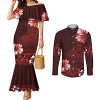 Hawaii Hibiscus With Oxblood Polynesian Pattern Couples Matching Mermaid Dress and Long Sleeve Button Shirt LT05 Red - Polynesian Pride