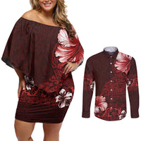 Hawaii Hibiscus With Oxblood Polynesian Pattern Couples Matching Off Shoulder Short Dress and Long Sleeve Button Shirt LT05 Red - Polynesian Pride