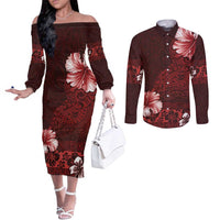 Hawaii Hibiscus With Oxblood Polynesian Pattern Couples Matching Off The Shoulder Long Sleeve Dress and Long Sleeve Button Shirt LT05 Red - Polynesian Pride