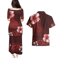Hawaii Hibiscus With Oxblood Polynesian Pattern Couples Matching Puletasi and Hawaiian Shirt LT05 - Polynesian Pride