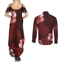 Hawaii Hibiscus With Oxblood Polynesian Pattern Couples Matching Summer Maxi Dress and Long Sleeve Button Shirt LT05 - Polynesian Pride