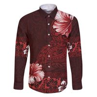 Hawaii Hibiscus With Oxblood Polynesian Pattern Family Matching Off The Shoulder Long Sleeve Dress and Hawaiian Shirt