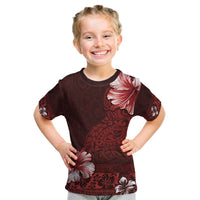 Hawaii Hibiscus With Oxblood Polynesian Pattern Kid T Shirt