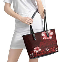 Hawaii Hibiscus With Oxblood Polynesian Pattern Leather Tote Bag LT05 - Polynesian Pride