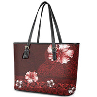 Hawaii Hibiscus With Oxblood Polynesian Pattern Leather Tote Bag LT05 - Polynesian Pride