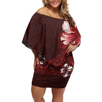 Hawaii Hibiscus With Oxblood Polynesian Pattern Off Shoulder Short Dress LT05 Women Red - Polynesian Pride