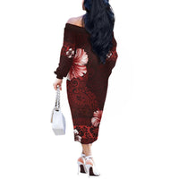 Hawaii Hibiscus With Oxblood Polynesian Pattern Off The Shoulder Long Sleeve Dress LT05 - Polynesian Pride