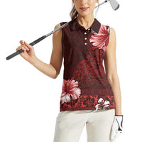Hawaii Hibiscus With Oxblood Polynesian Pattern Women Sleeveless Polo Shirt