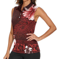 Hawaii Hibiscus With Oxblood Polynesian Pattern Women Sleeveless Polo Shirt