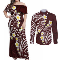 Plumeria With Oxblood Polynesian Tattoo Pattern Couples Matching Off Shoulder Maxi Dress and Long Sleeve Button Shirt LT05 Red - Polynesian Pride