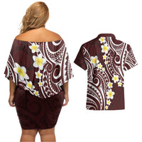 Plumeria With Oxblood Polynesian Tattoo Pattern Couples Matching Off Shoulder Short Dress and Hawaiian Shirt LT05 - Polynesian Pride
