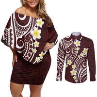Plumeria With Oxblood Polynesian Tattoo Pattern Couples Matching Off Shoulder Short Dress and Long Sleeve Button Shirt LT05 Red - Polynesian Pride
